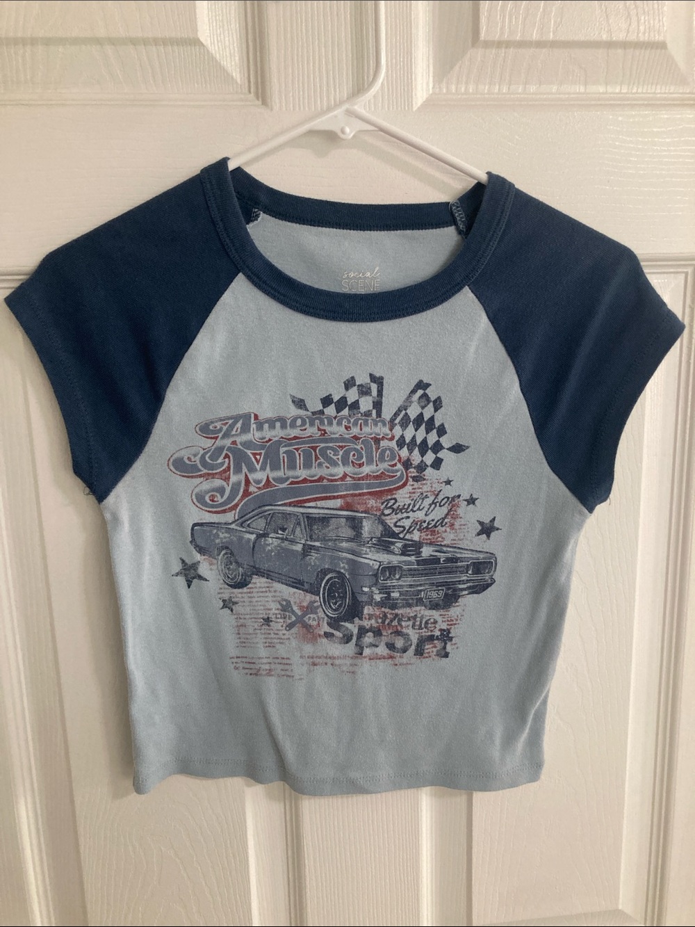 Women's Light Blue & Navy Short Sleeve 'American Muscle' Graphic Tee